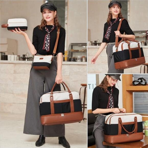 Weekender Bags for Women Overnight Bag Large Canvas Travel Duffel Bag with Shoe - Picture 2 of 7